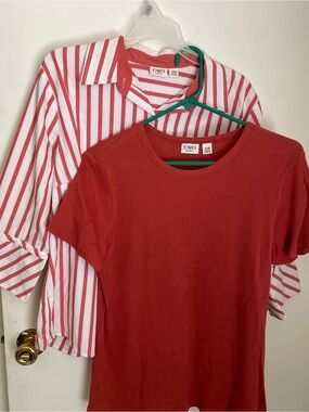 Cato Red Ribbed Tee with Red & White Striped Button-Down